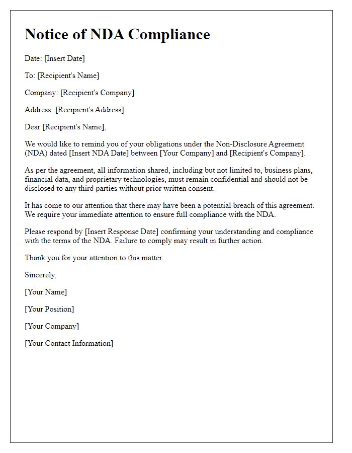 Letter template of NDA compliance notice