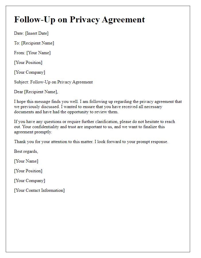 Letter template of privacy agreement follow-up