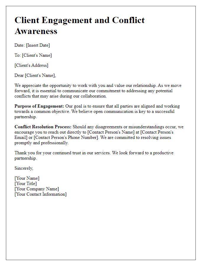 Letter template of client engagement and conflict awareness