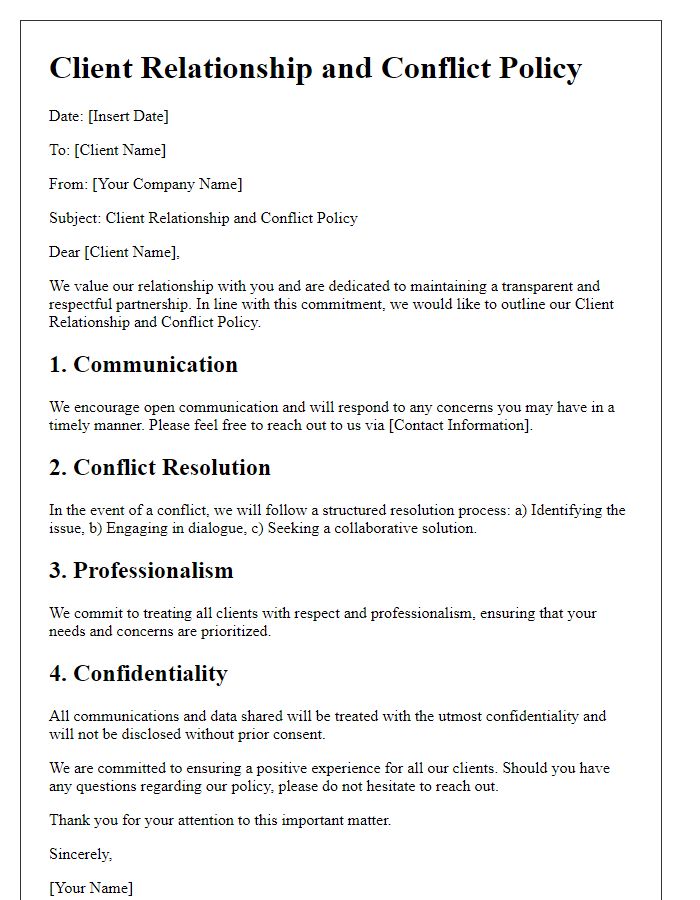 Letter template of client relationship and conflict policy