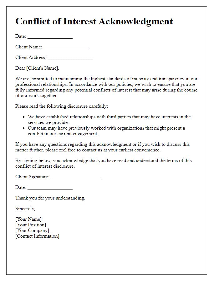 Letter template of conflict of interest acknowledgment for clients