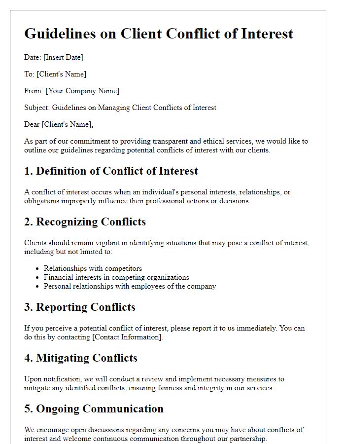 Letter template of guidelines on client conflict of interest