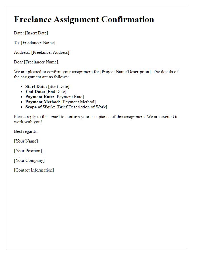 Letter template of freelance assignment confirmation