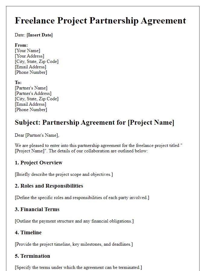 Letter template of freelance project partnership agreement