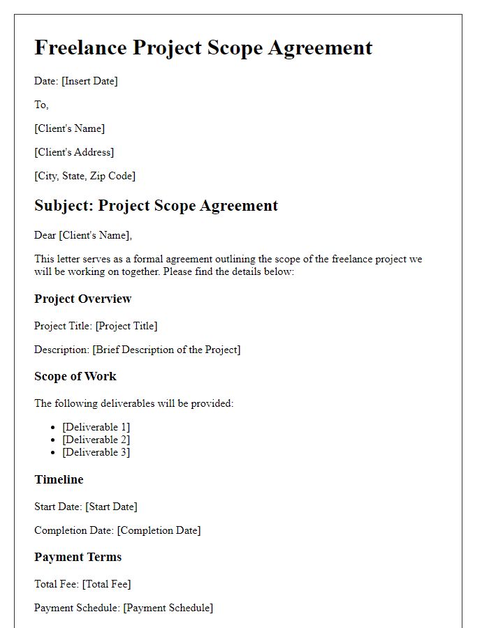 Letter template of freelance project scope agreement