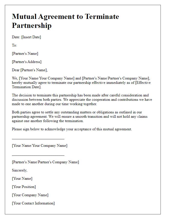 Letter template of mutual agreement to terminate partnership