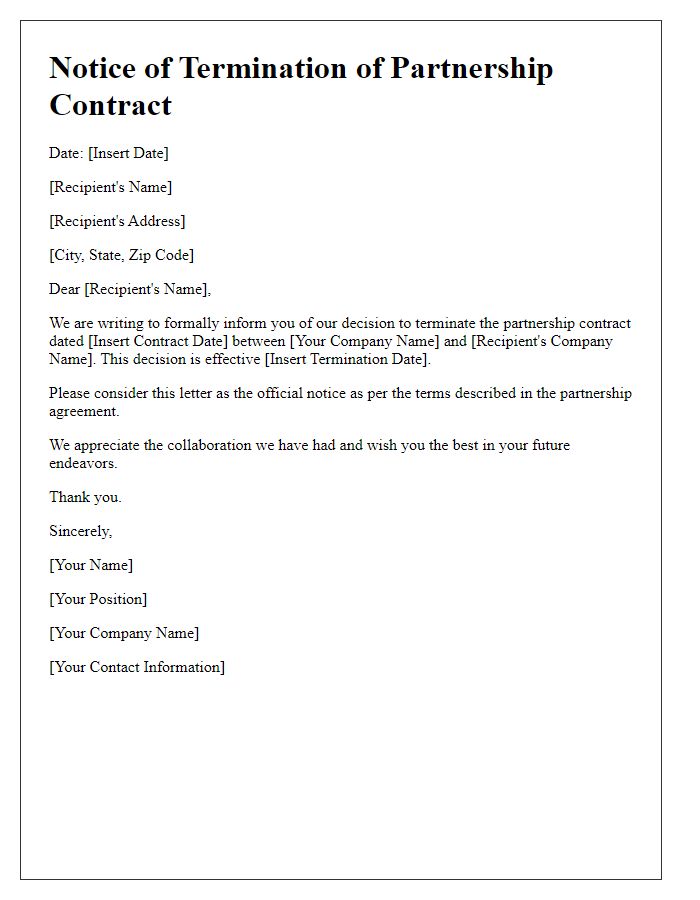 Letter template of notice for ending partnership contract