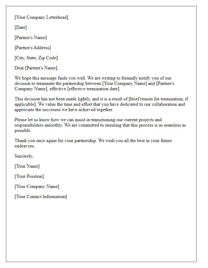 Letter template of notifying partners of termination