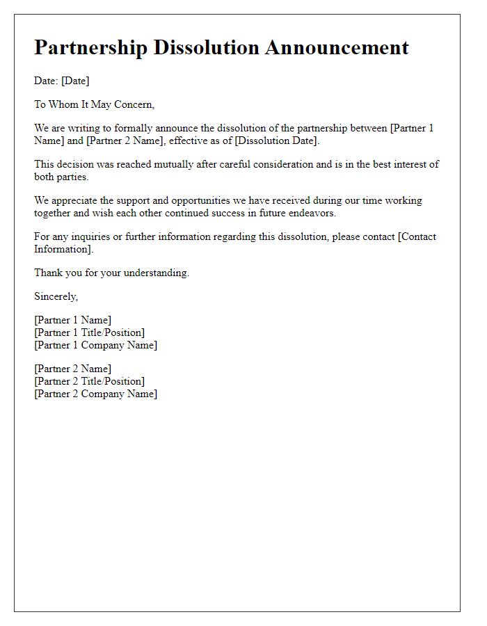 Letter template of partnership dissolution announcement