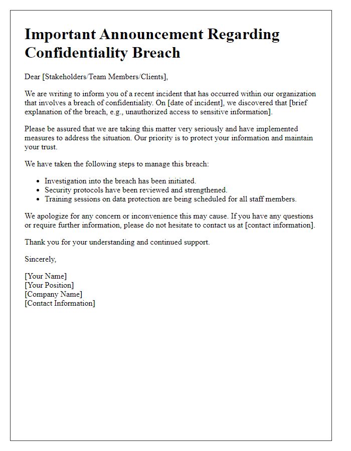 Letter template of confidentiality breach announcement for public relations