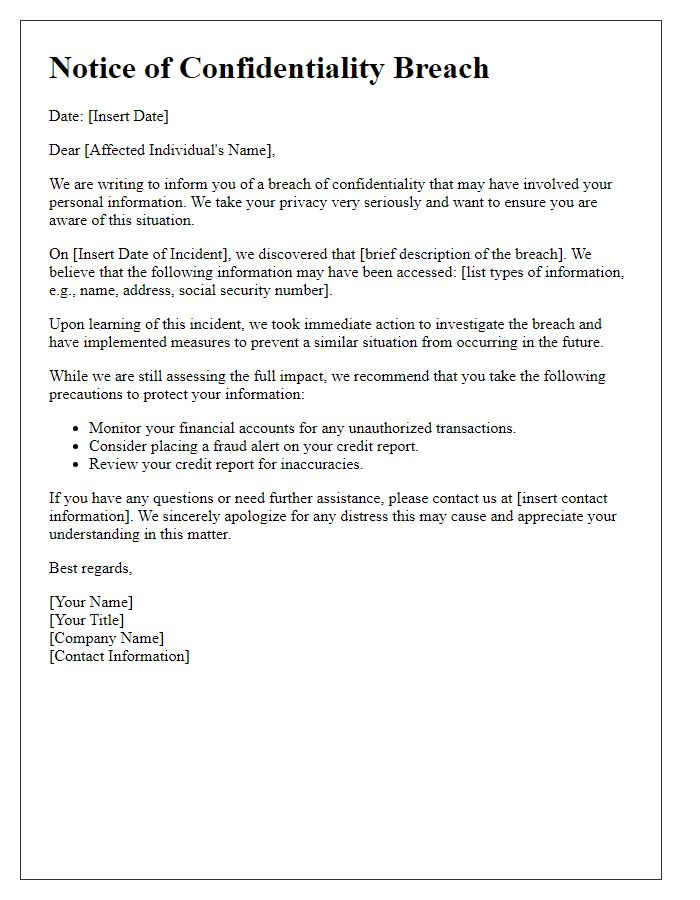 Letter template of confidentiality breach notification to affected individuals