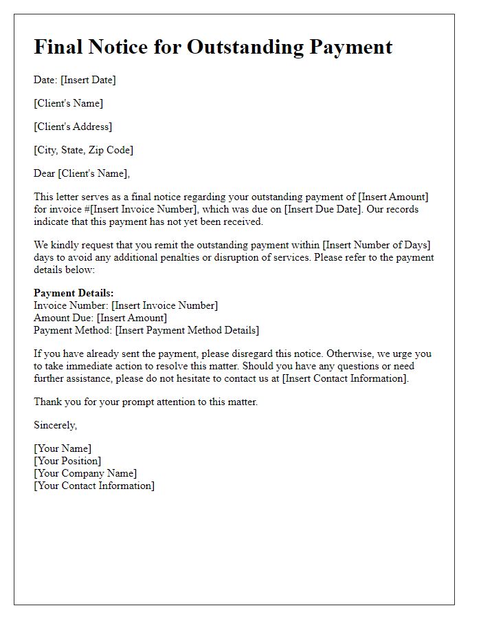 Letter template of Final Notice for Outstanding Client Payment