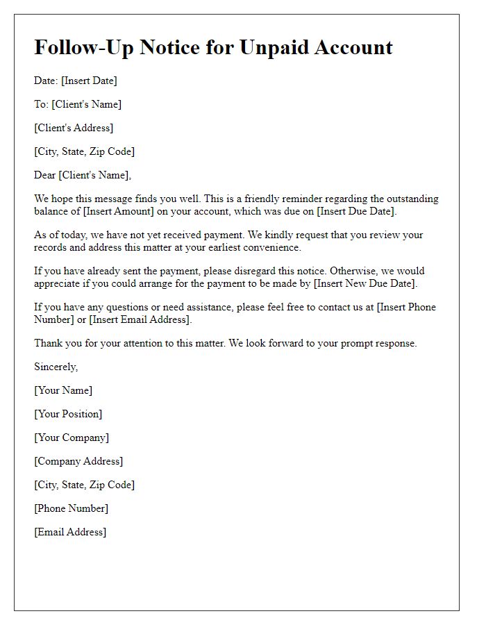 Letter template of Follow-Up Notice for Unpaid Client Account