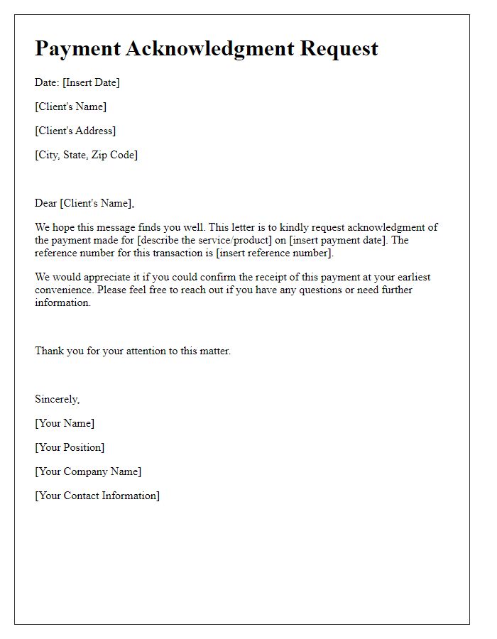 Letter template of Payment Acknowledgment Request for Client