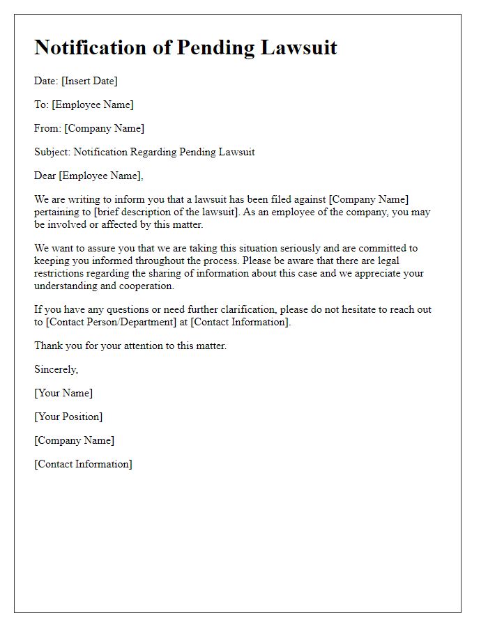 Letter template of pending lawsuit notification for employees.