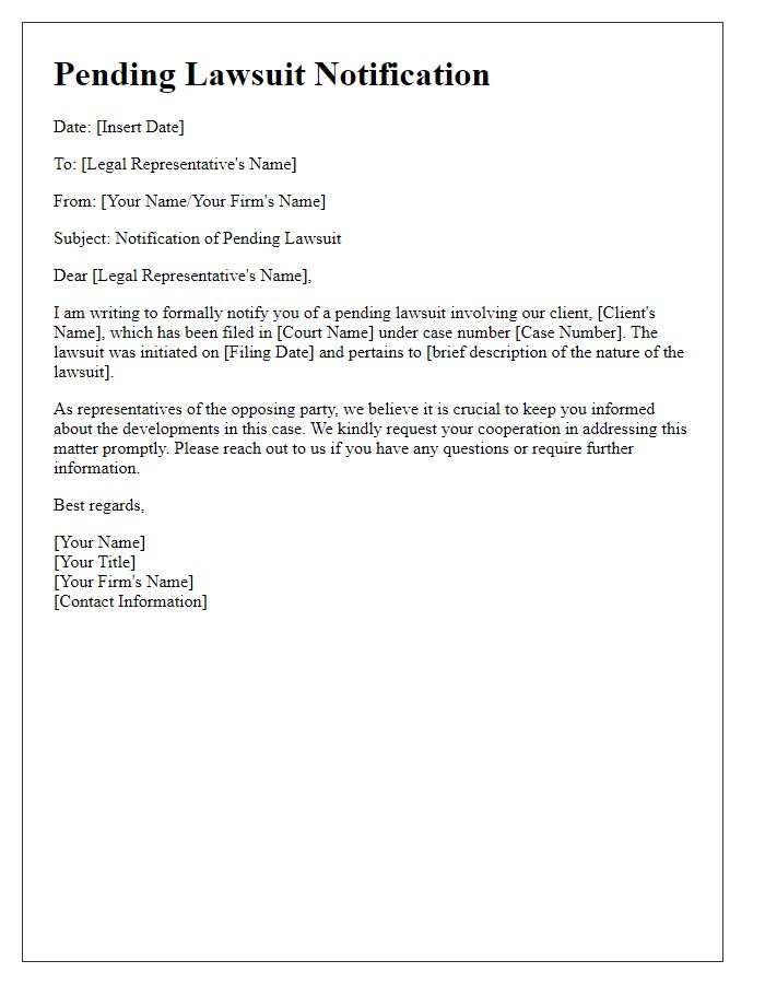 Letter template of pending lawsuit notification for legal representatives.