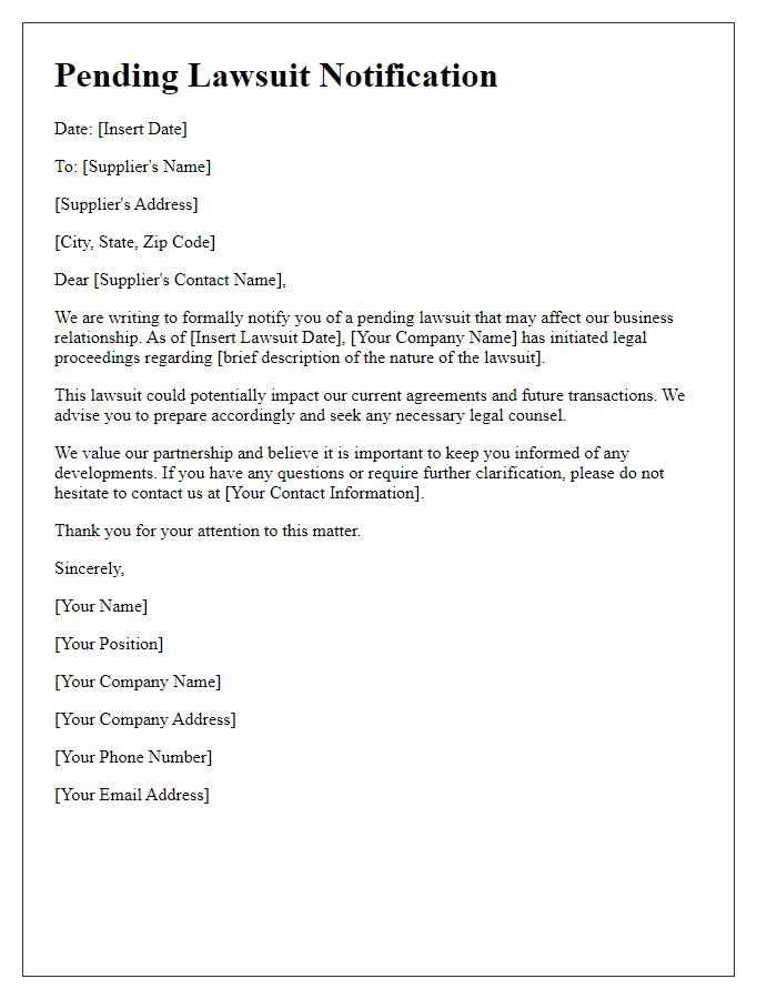 Letter template of pending lawsuit notification for suppliers.