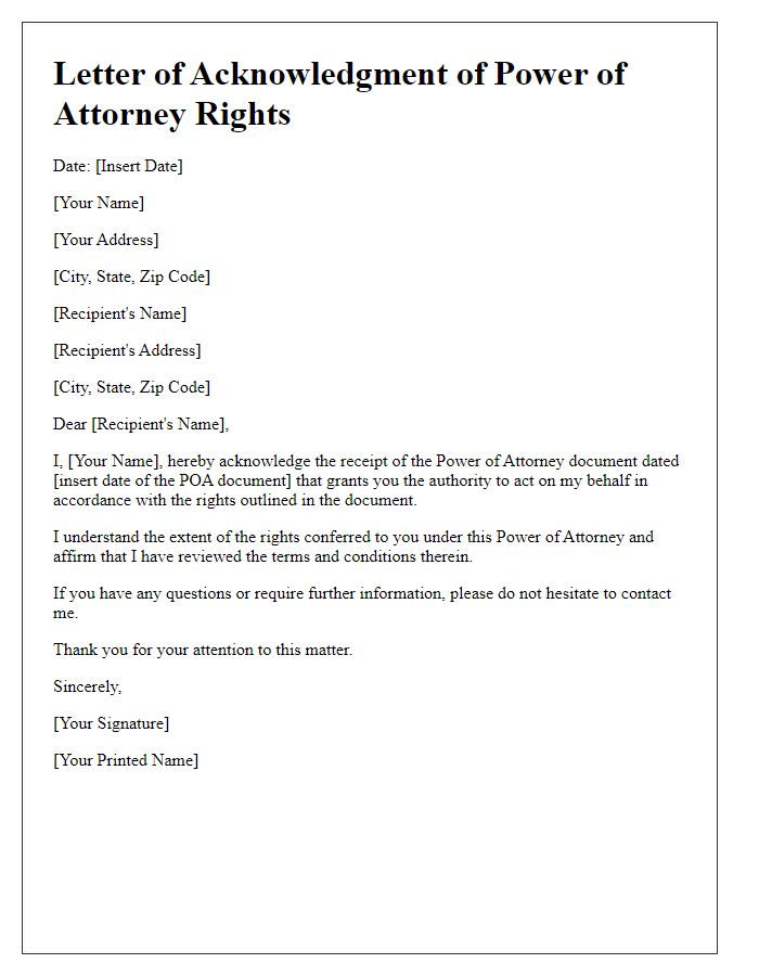 Letter template of Acknowledgment of Power of Attorney Rights