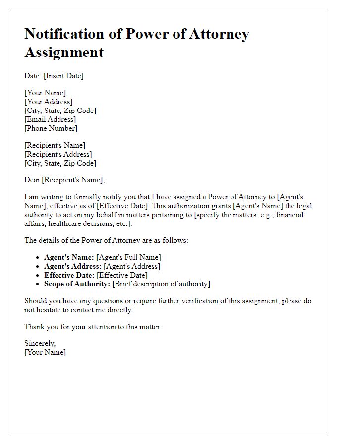 Letter template of Notification of Power of Attorney Assignment