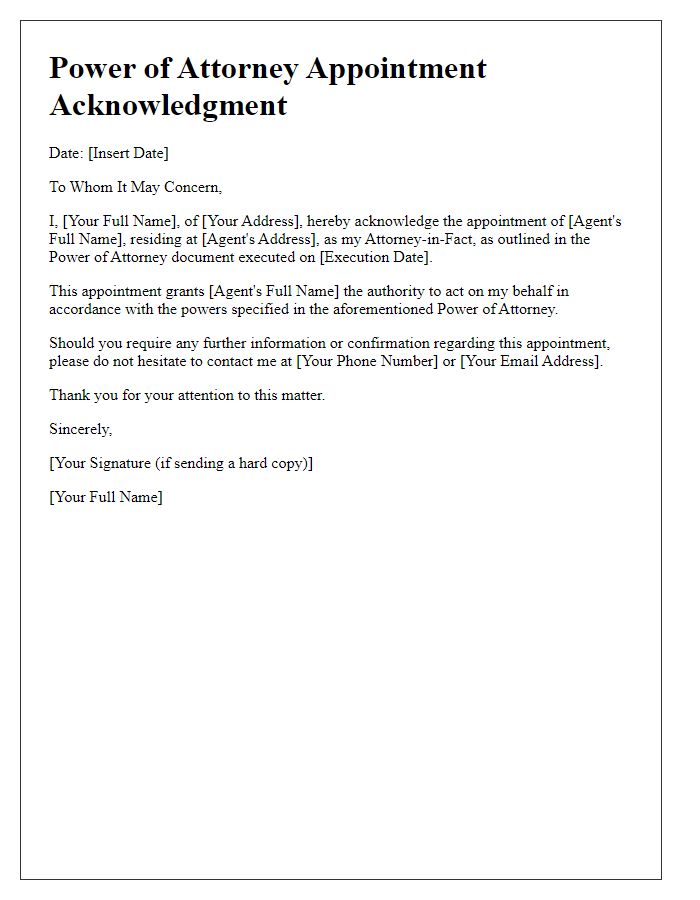 Letter template of Power of Attorney Appointment Acknowledgment