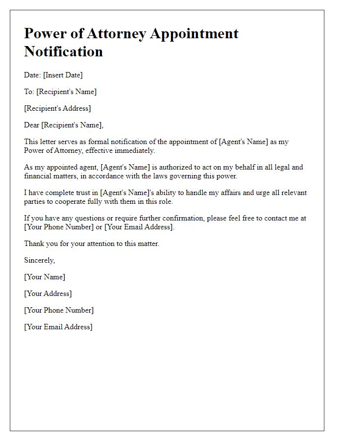 Letter template of Power of Attorney Appointment Notification