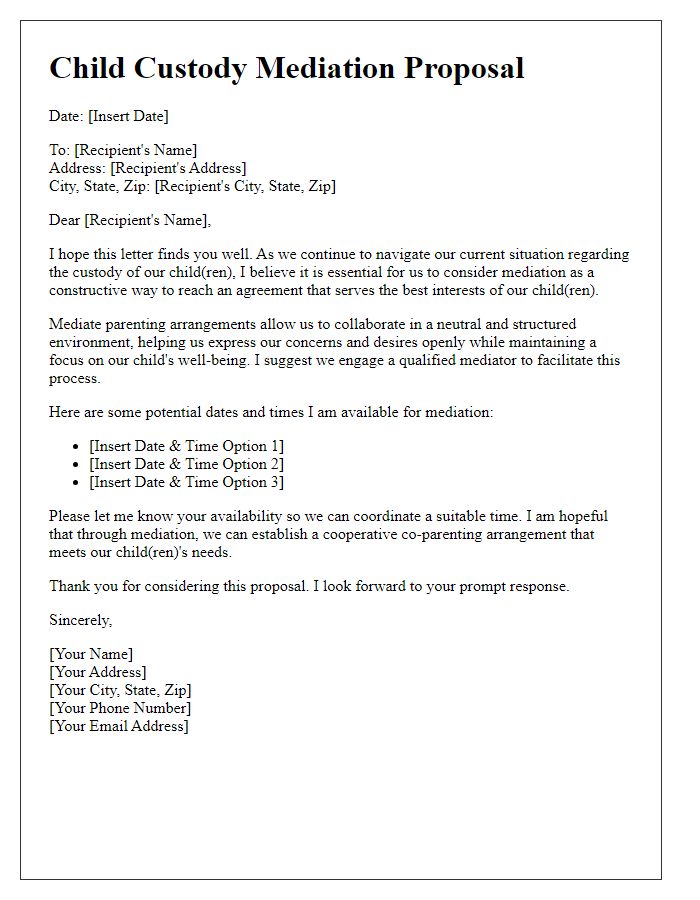 Letter template of child custody mediation proposal