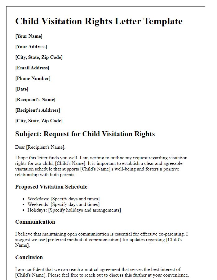 Letter template of child visitation rights outline