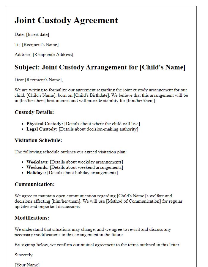 Letter template of joint child custody arrangement