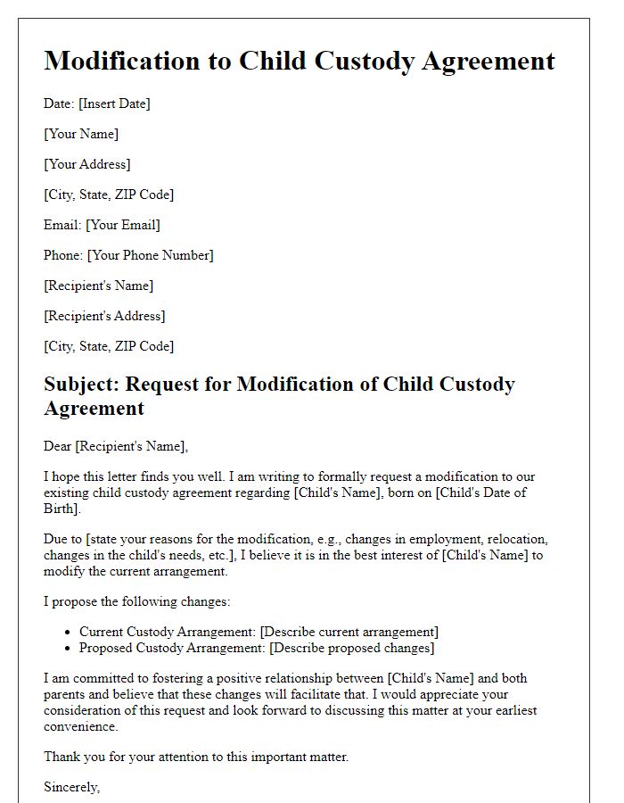 Letter template of modification to child custody agreement