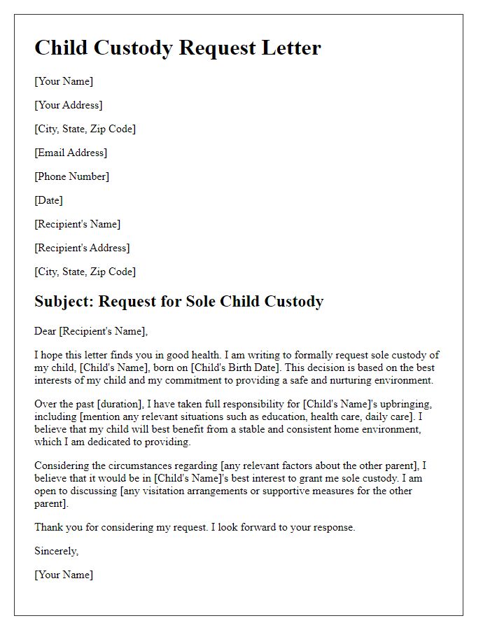 Letter template of sole child custody request