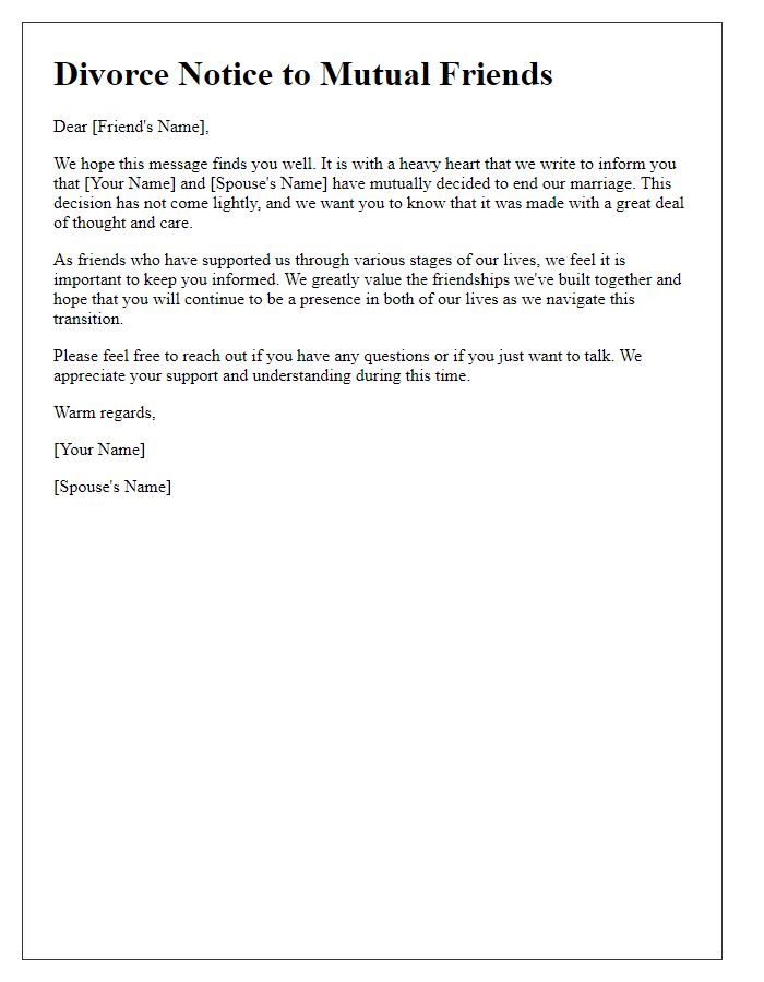 Letter template of divorce notice to mutual friends