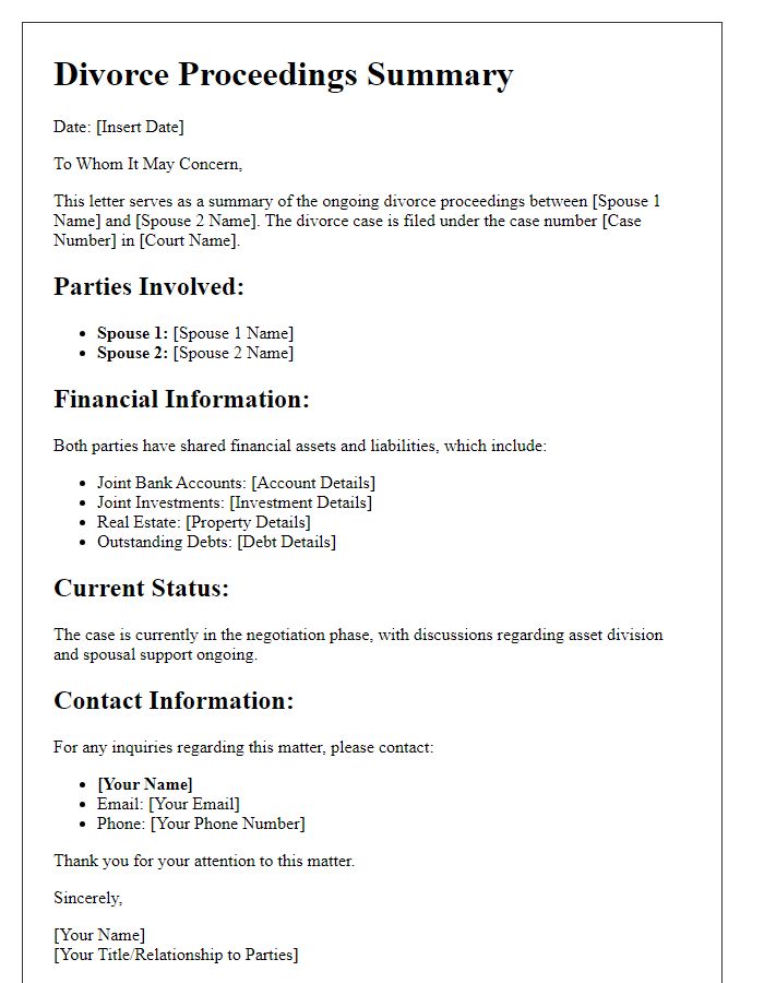 Letter template of divorce proceedings summary for financial institutions