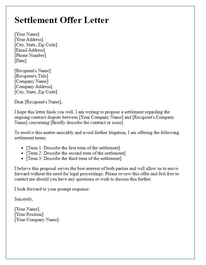 Letter template of settlement offer for contract dispute.