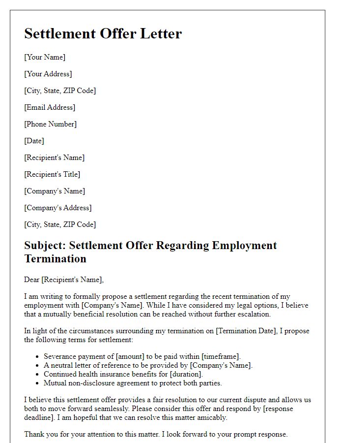 Letter template of settlement offer for employment termination disputes.