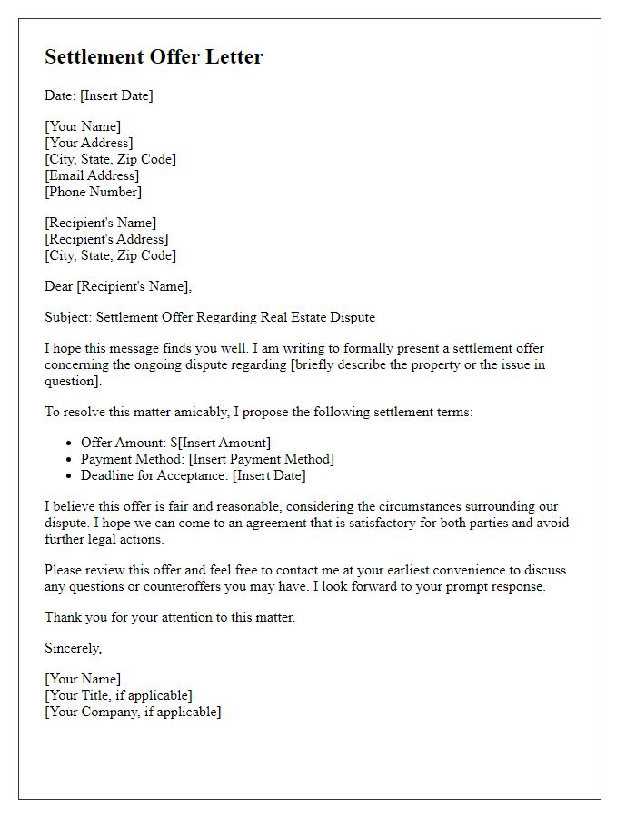 Letter template of settlement offer related to real estate disputes.