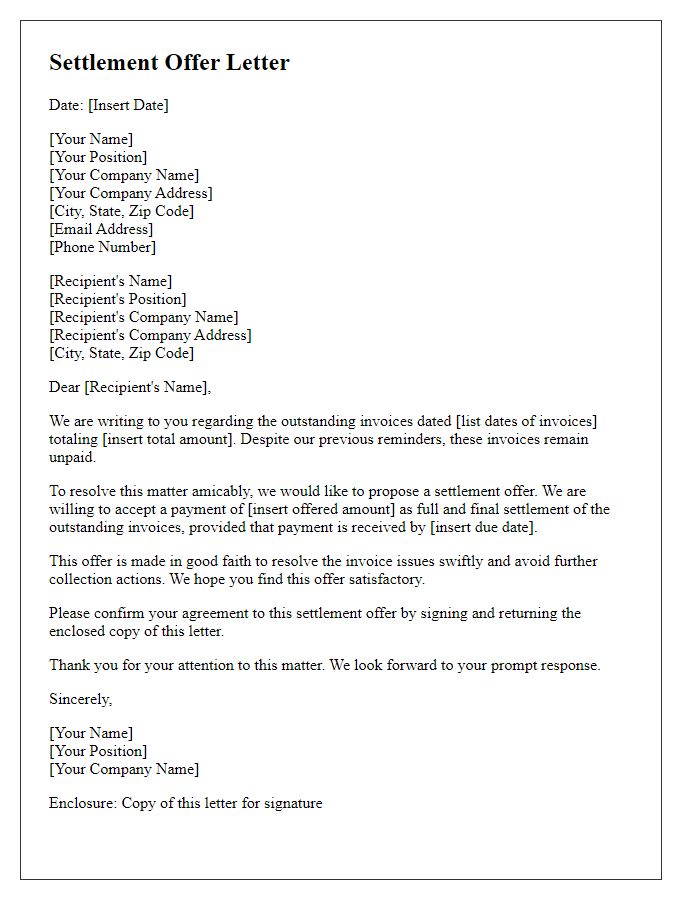 Letter template of settlement offer for unpaid invoices.