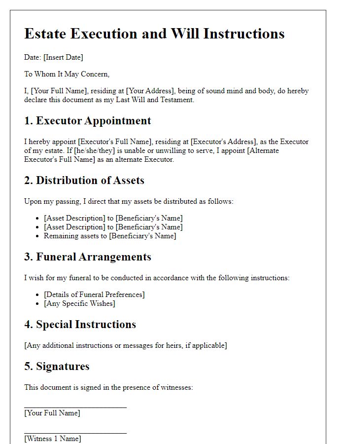 Letter template of estate execution and will instructions.