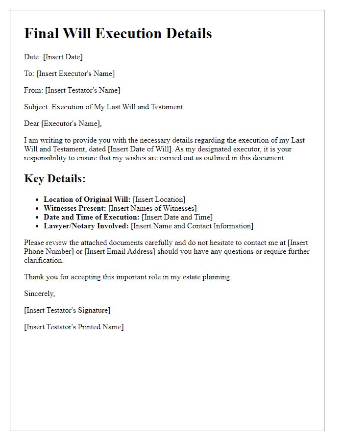 Letter template of final will execution details.