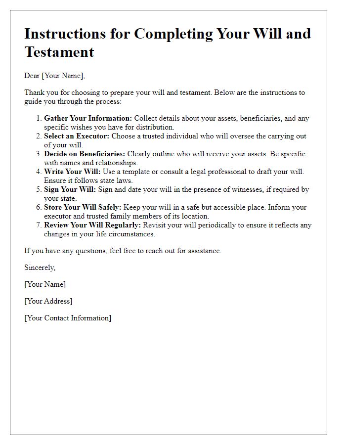 Letter template of instructions for will and testament completion.