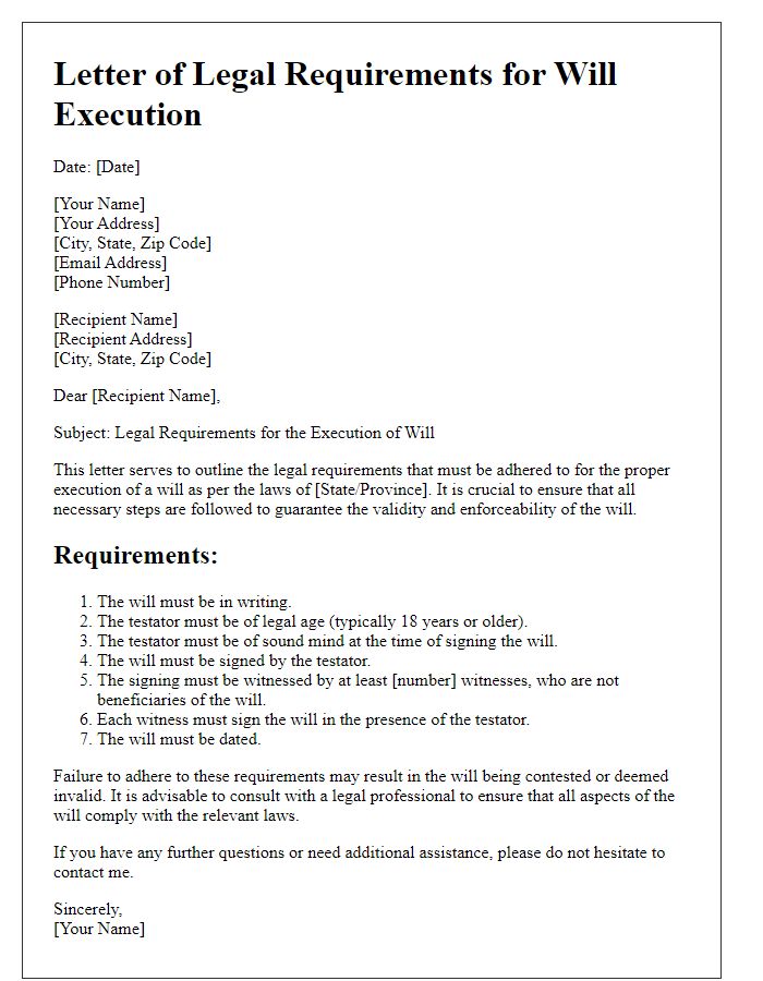 Letter template of legal requirements for will execution.