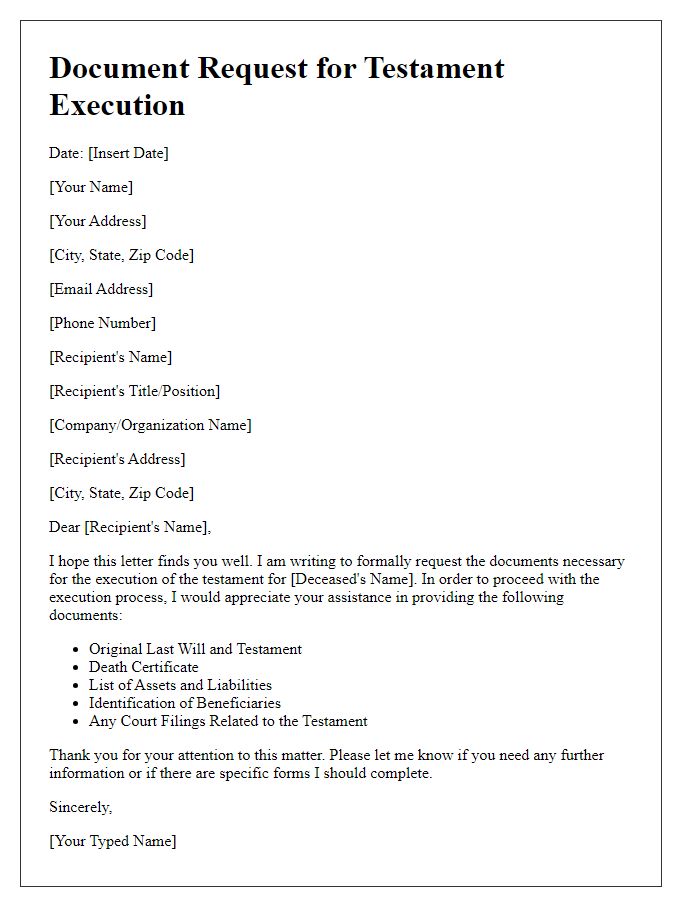 Letter template of required documents for testament execution.