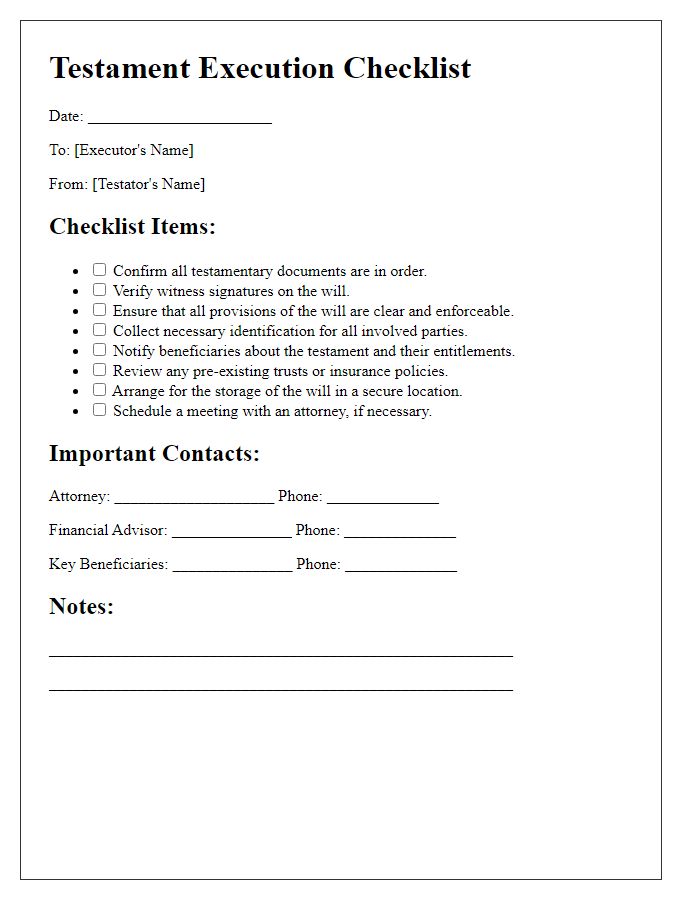 Letter template of testament execution checklist.