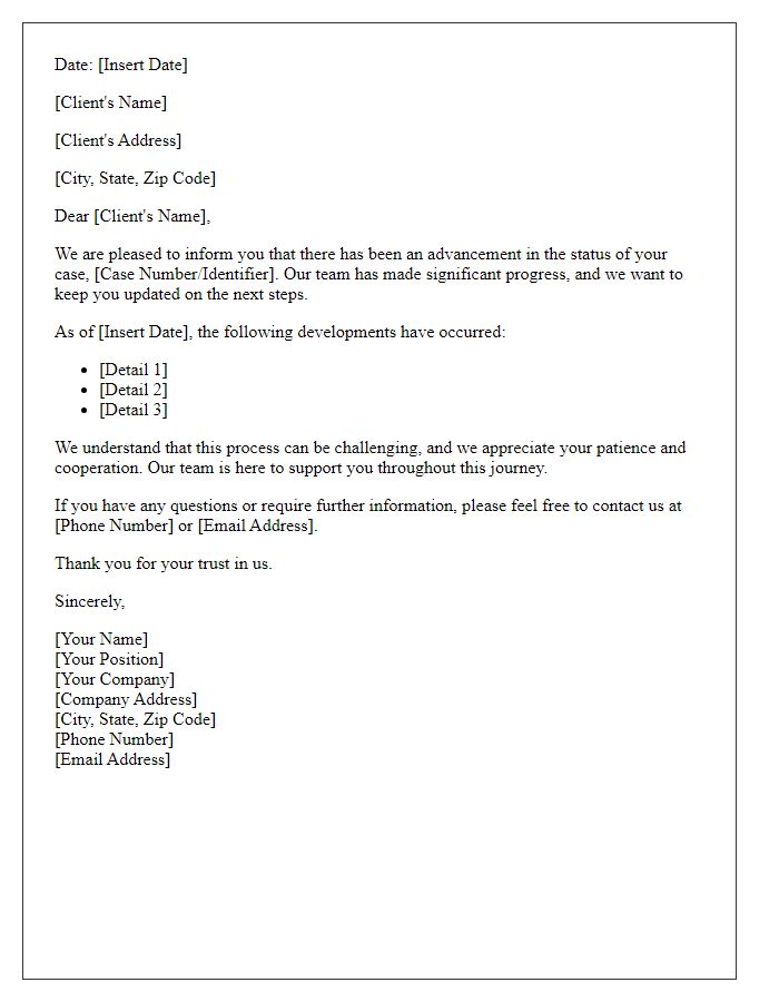 Letter template of client case advancement notice