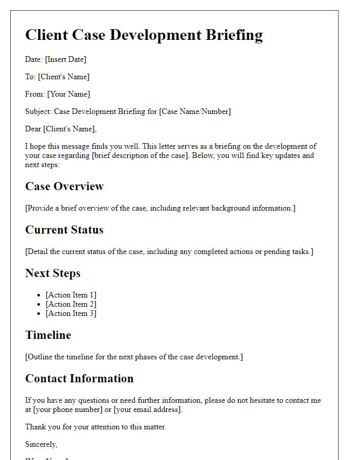 Letter template of client case development briefing