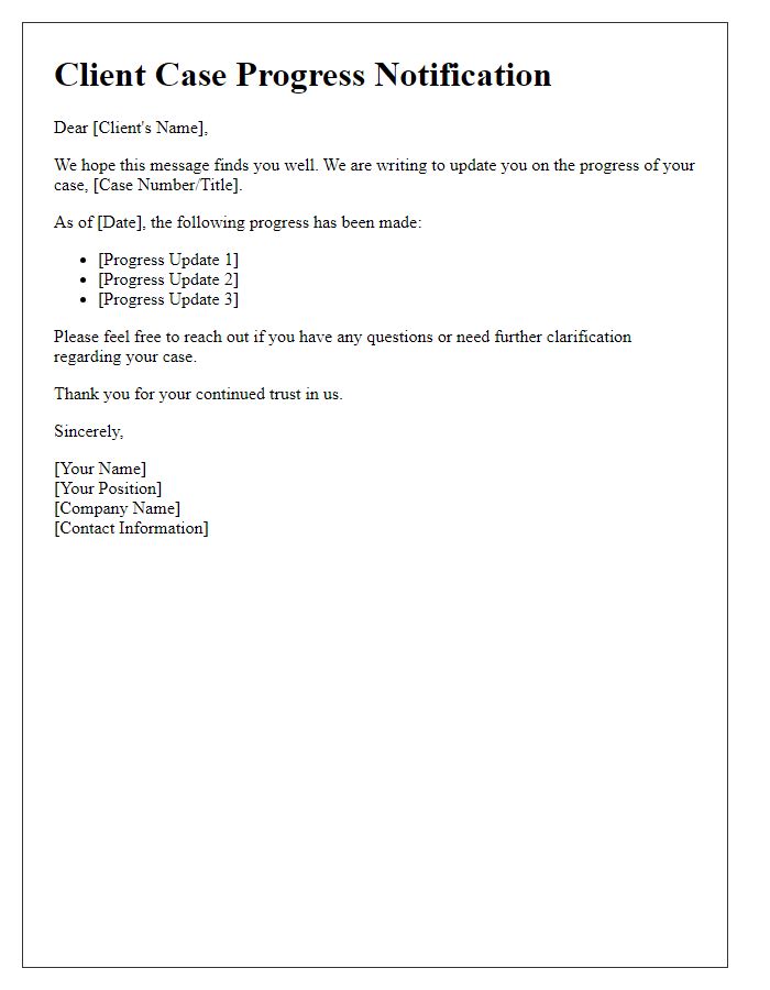 Letter template of client case progress notification