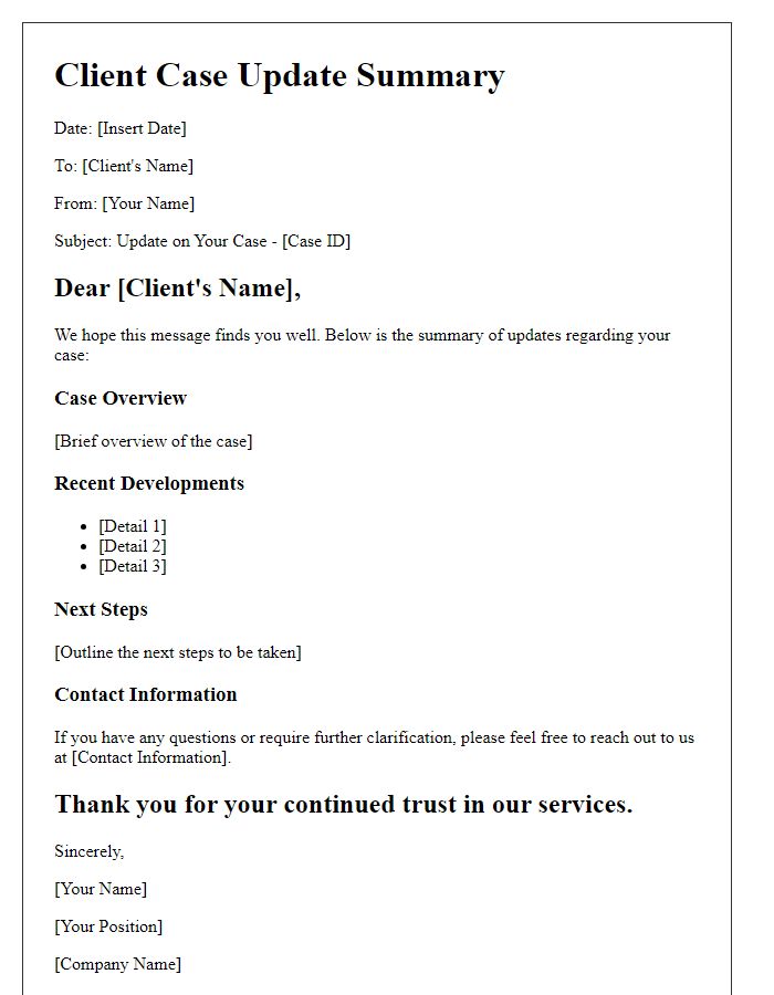 Letter template of client case update summary