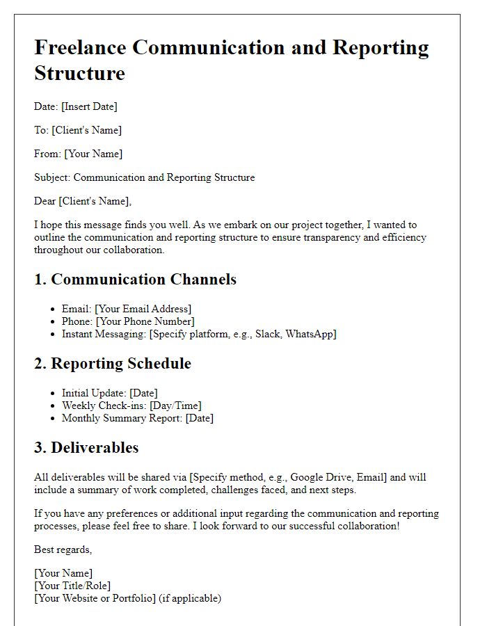 Letter template of freelance communication and reporting structure