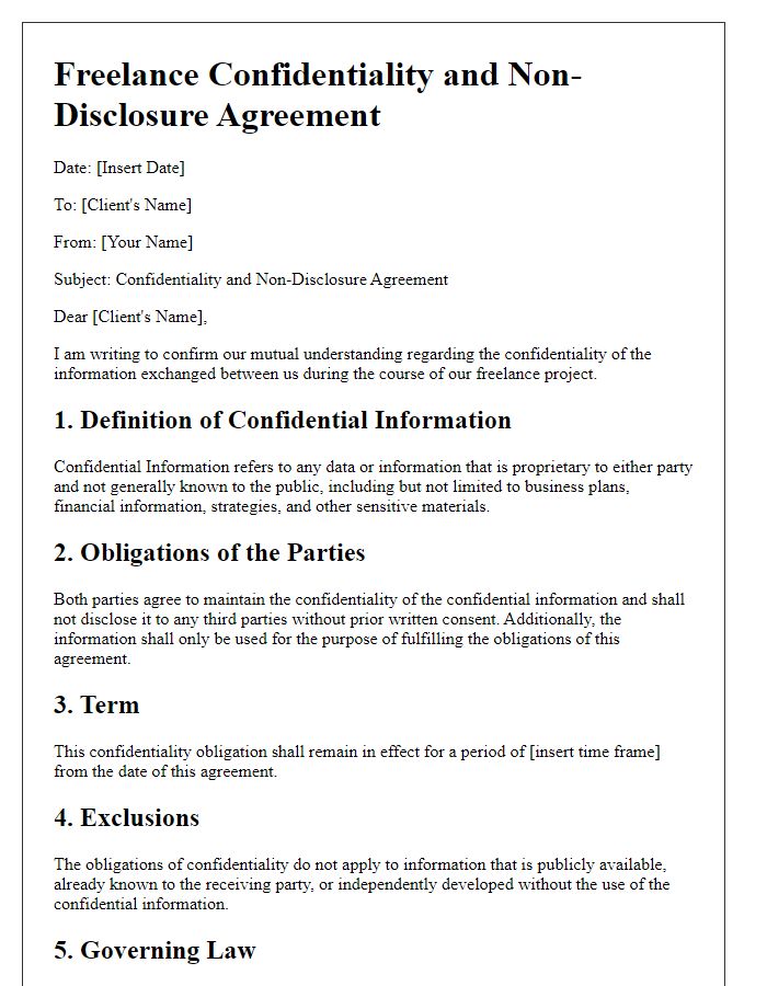 Letter template of freelance confidentiality and non-disclosure policies