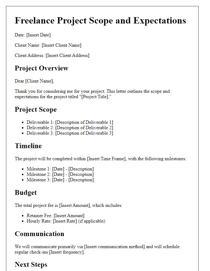 Letter template of freelance project scope and expectations