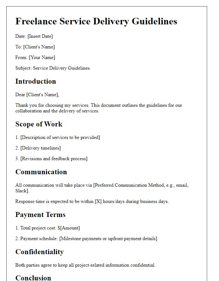 Letter template of freelance service delivery guidelines